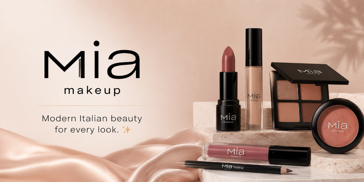 Mia makeup products including lipsticks and a palette on a neutral background with 'Mia' branding.